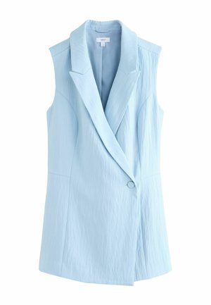 Ärmellose, hellblaue Weste im Blazer-Stil mit Reverskragen und Ein-Knopf-Verschluss, strukturierter Stoff und taillierte Nähte.