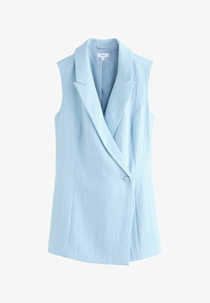 Varrukateta helesinine bleiseristiilis vest nööbiga ja kraega, tekstureeritud kangas ja kohandatud õmblused.