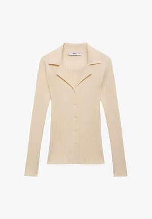 Beige ribbed cardigan with long sleeves, a notched collar, and seven front buttons. Soft texture with a fitted silhouette.