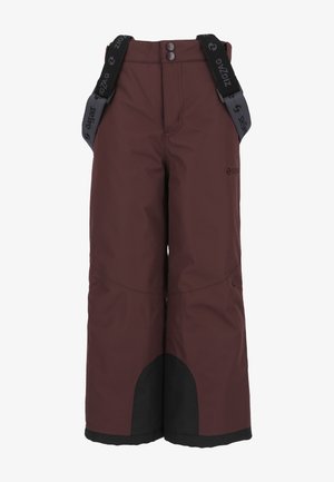 Bordeauxfarvede skibukser med justerbare sorte stropper, to knapper og en forstærket sort nederste kant. Har en glat tekstur og en afslappet pasform.