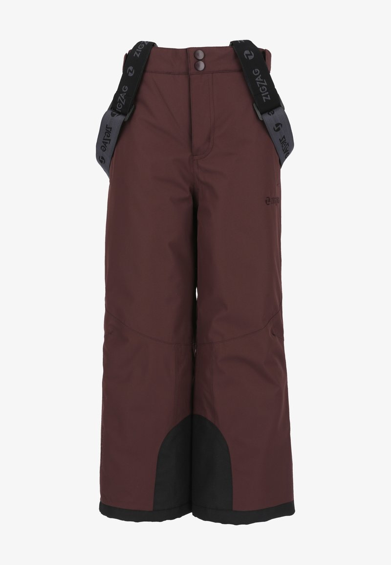 Bordeauxfarvede skibukser med justerbare sorte stropper, to knapper og en forstærket sort nederste kant. Har en glat tekstur og en afslappet pasform.