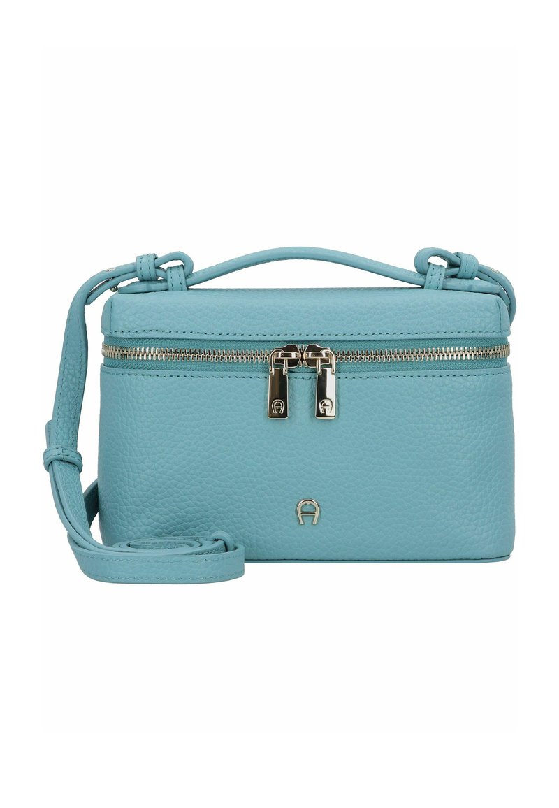 Sac bandoulière en cuir aquamarine avec une surface texturée, fermeture éclair, double fermoir, poignée supérieure et bandoulière réglable.
