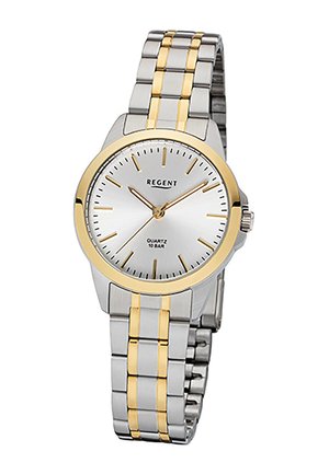 Montre-bracelet en métal bicolore argent et or avec un cadran blanc rond, des index dorés et trois aiguilles dorées indiquant 1:12:36.