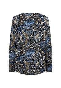 Blouse à manches longues avec un motif cachemire en bleu, crème et marron sur un fond noir. Texture lisse avec ourlet arrondi et design au dos.