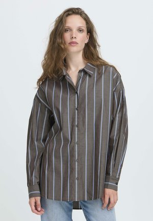 Brun og blå stribet button-down skjorte med krave, afslappet pasform og lange ærmer; stoffet ser glat ud med en let glans.