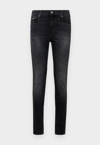 Jeans de denim negro con un ajuste slim. Cuenta con bolsillos estándar, cierre de botón y detalles de costura sutiles. Textura suave, diseño clásico.