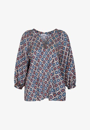 Bluse mit Blumenmuster, die puffartige lange Ärmel, einen V-Ausschnitt und einen lockeren Schnitt bietet. Die Farben umfassen Blau, Koralle und Creme auf einem weichen Stoff.