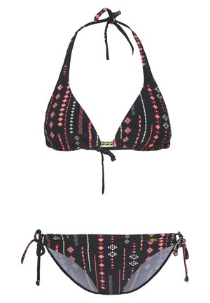 Svart bikini sett med trekantet topp med knyting rundt nakken og livlige geometriske mønstre i rødt og hvitt, supplert med justerbare bunn med sideknyting.