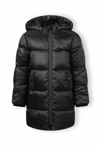 Čierna puffová bunda s kapucňou, zipovým zapínaním a bočnými vreckami. Vyrobená z lesklého, prešívaného materiálu s rebrovanými manžetami na rukávoch.
