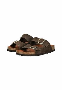 Brune ruskinds slide-sandaler med to justerbare stropper og sølv spænder, kork fodseng og tekstureret gummisål for godt greb.