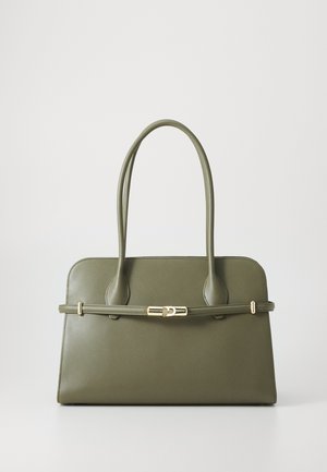 Olive green leather handbag with two long handles, streamlined shape, a gold-tone hardware accent, and a belted detail across the front.