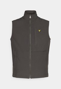Gilet senza maniche grigio scuro con colletto alto, zip frontale e due tasche laterali. Presenta un emblema giallo sul petto. Tessuto morbido.