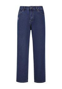 Tmavě modré denimové džíny se střihem rovného nohavice, pěti kapsami a vyšitým logem na přední straně. Klasické detaily s nýty.