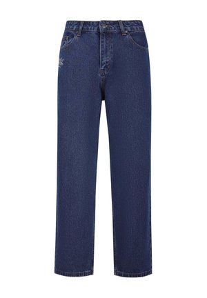 Dunkelblaue Jeans aus Denim mit geradem Schnitt, fünf Taschen-Styling und einem aufgestickten Logo auf der Vorderseite. Klassische Nieten-Akzente sind vorhanden.