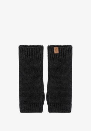 Black knitted fingerless gloves with ribbed cuffs and a small tan leather label. Soft texture and snug design for warmth and flexibility.