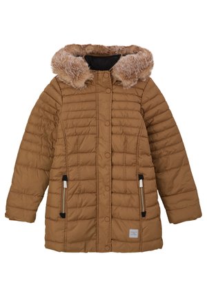 Veste matelassée en brun avec capuche en fausse fourrure, fermeture à boutons, deux poches zippées et un petit logo en bas à l'avant.