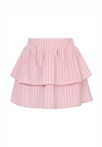 Roze gerimpelde rok met verticale witte strepen, voorzien van een elastische tailleband en gelaagd ontwerp. Gemaakt van lichte stof.