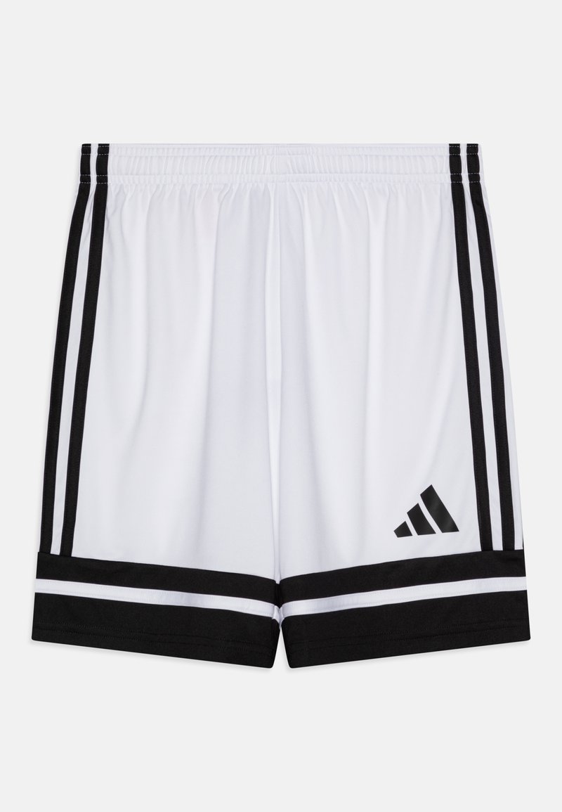 Weiße Sportshorts mit schwarzen Seitenstreifen, einem schwarzen Bund und einem schwarzen Adidas-Logo auf der unteren linken Seite.