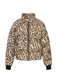 Polstret bomberjakke i beige med sort og brunt leopardprint, med høj krave, frontlynlås og sorte ribbet manchetter.