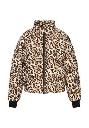 Beige spalvoto užtikrinto striukė su juodu ir rudu leopardų raštu, su aukštu apykakle, priekiniu užtrauktuku ir juodais raukšlėtai rankogaliais.