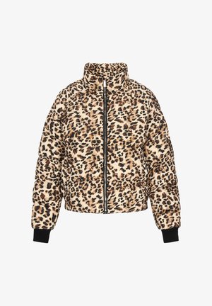 Beige színű párnázott bomber dzseki fekete és barna leopárdmintával, magas gallérral, elöl cipzárral és fekete bordázott mandzsettákkal.