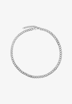 Zilveren ketting met elkaar verbonden schakels, een gladde textuur en een veilige sluiting met een verstelbare ketting voor lengtevariatie.