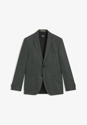 Gray blazer with a textured fabric. Features a notched lapel, two front pockets, and buttoned cuffs. Brand name "BOSS" visible at the collar.