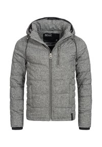 Miesten harmaa tikattu huppujakku, jossa on etuvetoketju, rintatasku vetoketjulla ja säädettävät nyörit hupussa.