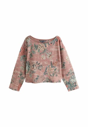 Long-sleeve, dusty pink floral blouse with round neckline and textured fabric, featuring green and cream botanical patterns.