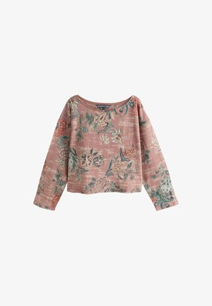 Long-sleeve, dusty pink floral blouse with round neckline and textured fabric, featuring green and cream botanical patterns.