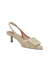 Décolleté beige con punta affusolata, design in pizzo strutturato, dettaglio quadrato e tacco kitten di 4 cm. Cinturino alla caviglia regolabile.