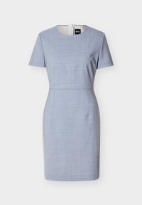 Φόρεμα μήκους μέχρι το γόνατο σε ανοιχτό μπλε χρώμα με κοντά μανίκια, στρογγυλή λαιμόκοψη, διακριτικό υφασμάτινο μοτίβο και ορατό φερμουάρ στην πλάτη με την ετικέτα της μάρκας BOSS.