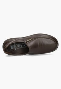 Brown leather slip-on shoe featuring a smooth texture, elastic side accents, and perforated insole for breathability. Brand name displayed.