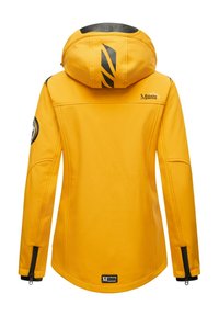 Yellow outdoor jacket with a hood, black accents, zippered sleeve openings, and brand logo on the back and sleeve. Smooth, weather-resistant fabric.
