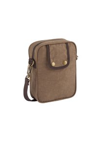 Braune Stofftasche in rechteckiger Form, mit Reißverschluss, Frontklappe mit zwei goldfarbenen Druckknöpfen und einem verstellbaren Schultergurt.