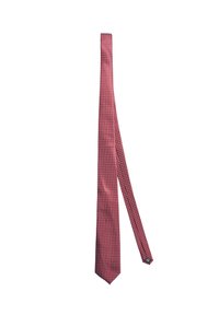 Cravatta rossa con piccoli pois bianchi, realizzata in tessuto liscio. Presenta un'estremità a punta e un design slim, che mette in risalto un motivo classico.