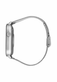 Zilveren smartwatch met een ronde wijzerplaat, gekleurde knoppen en een metalen mesh band. Het zijprofiel benadrukt een gladde afwerking en slank ontwerp.
