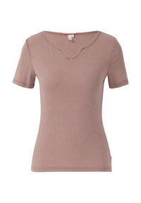 Mahoniekleurig T-shirt met korte mouwen, afgewerkt met een geribde textuur en een V-hals ontwerp. Bevat gestikte accenten langs de halslijn en mouwen.