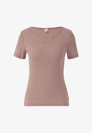 T-shirt à manches courtes de couleur acajou avec une texture côtelée et un décolleté en V. Présente des accents cousus le long de l'encolure et des manches.