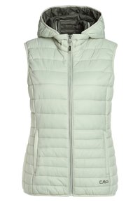 Lys grå ærmeløs polstret vest med lynlås foran, hætte, sidelommer og CMP-logo på nederste front.