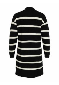 Robe-pull en maille noire à manches longues avec des rayures blanches horizontales, texture côtelée et col rond, vue de dos.