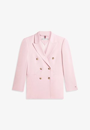 Blazer rose clair croisé à six boutons marron, avec revers à crans et deux poches avant, posé à plat sur un fond blanc.