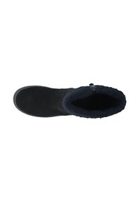 Black suede ankle boot with a textured navy fleece lining. Features a round toe and a soft, flexible design for comfort.