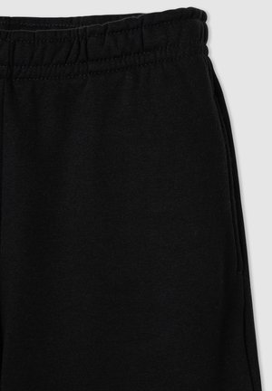 Pantaloni da tuta neri con cintura elastica, realizzati in morbido cotone e dotati di tasche laterali. La texture è liscia e opaca.