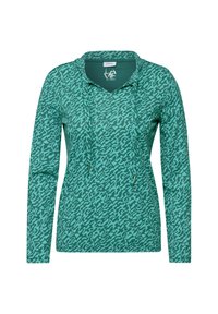 Türkisfarbener Langarm-Sweatshirt mit V-Ausschnitt und Kordelzugkapuze, versehen mit einem abstrakten dunkelgrünen Muster und einem lockeren Schnitt.