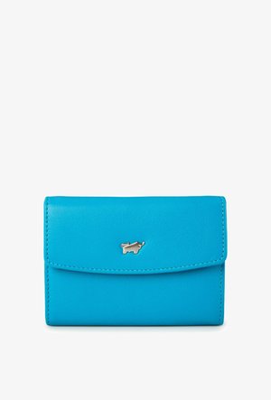 Portefeuille en cuir bleu vif avec un emblème rhinocéros argenté sur le rabat avant, présenté sur un fond blanc.