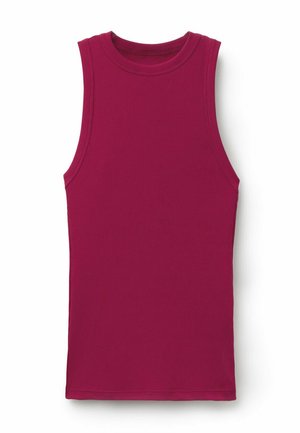 Débardeur côtelé sans manches en magenta profond avec un col rond haut, posé à plat sur un fond blanc.