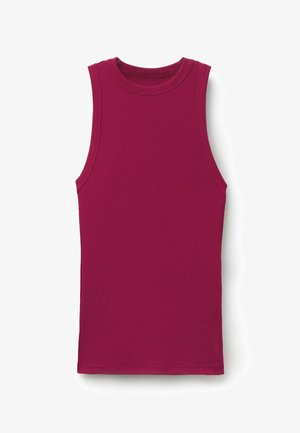 Débardeur côtelé sans manches en magenta profond avec un col rond haut, posé à plat sur un fond blanc.