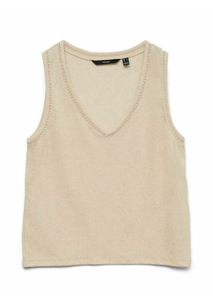 Haut sans manches beige en tricot avec col en V et surpiqûres décoratives discrètes le long de l'encolure et des emmanchures.
