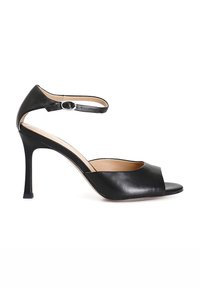 Sandal nero in pelle con tacco alto, punta aperta, cinturino alla caviglia e design elegante. Presenta una texture liscia e un tacco slim e affusolato.